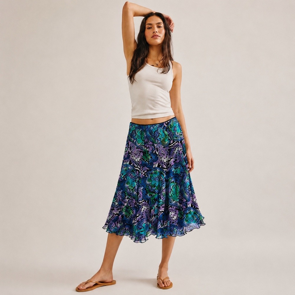 Boho Chic Butterfly Print Midi Skirt Womens S Blue Purple Flowy Fairy Retro Y2K